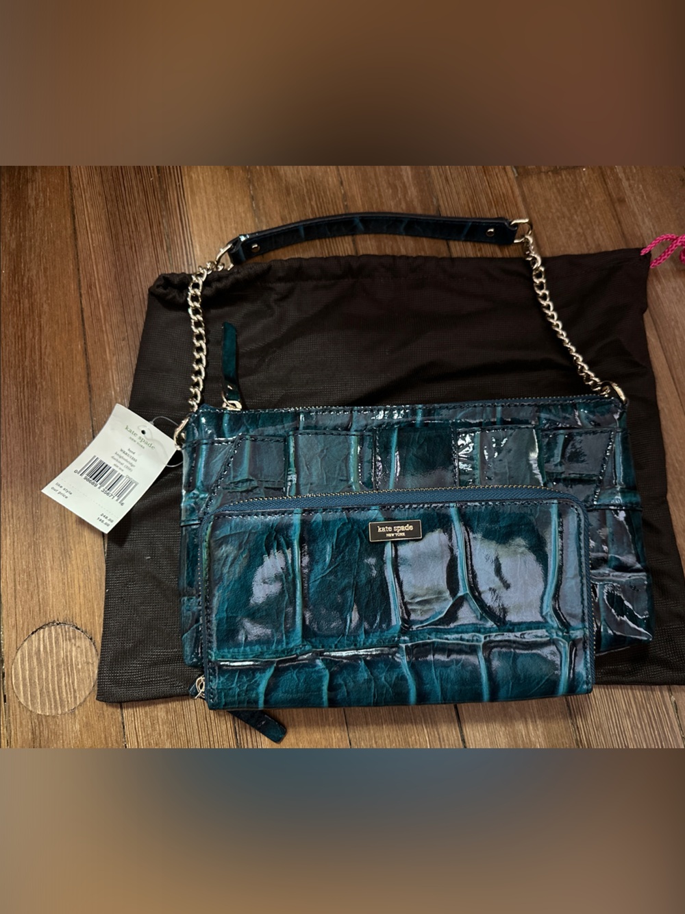 NWT Kate Spade New York Kinghtsbrid Teal Patent Croc-Embossed Chain Shoulder Bag